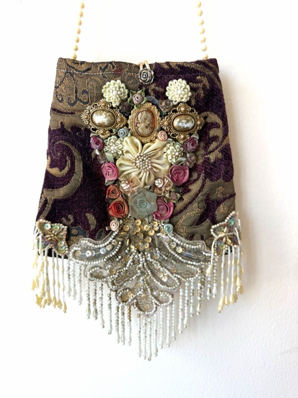 Vintage Victorian Beaded Floral Tapestry Purse Pearl‎ Fringe Shoulder Bag Boho